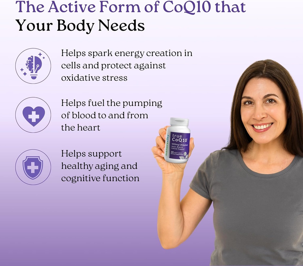 NatureCity True-CoQ10 Ubiquinol 100mg Highly Absorbable and Stablized Kaneka QH CoQ10 Heart, Brain and Cellular Energy Supplement - (30 Soft Gels) Active CoQ10 as Ubiquinol 5