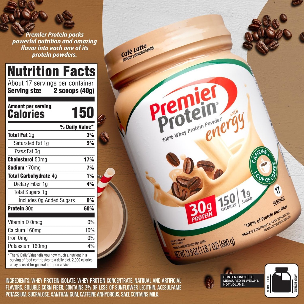 Premier Protein Powder, Café Latte, 30g Protein, 1g Sugar, 100% Whey Protein, Keto Friendly, Gluten Free, No Soy, 95mg Caffeine for Energy, 23.9 oz (17 Servings) 6