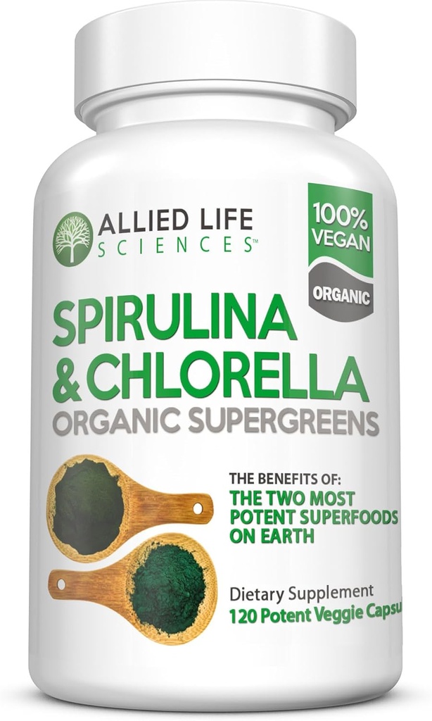 Allied Life Spirulina and Chlorella | Organic Chlorophyll Vegan Protein Powder Green Superfood | 120 Capsules 2