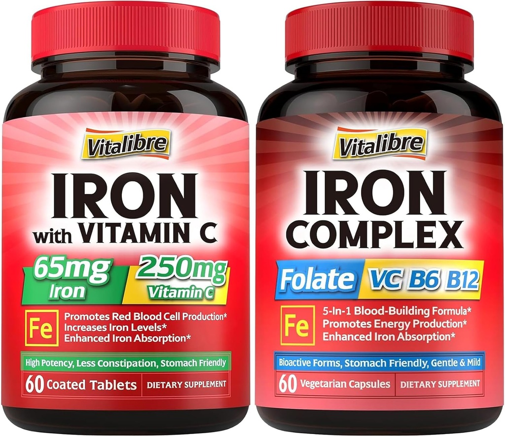 Iron Supplement for Women & Men, with Vitamins C, B6, B12 & Folate + Iron Supplement, 65mg Carbonyl Iron with 250mg Vitamin C 2
