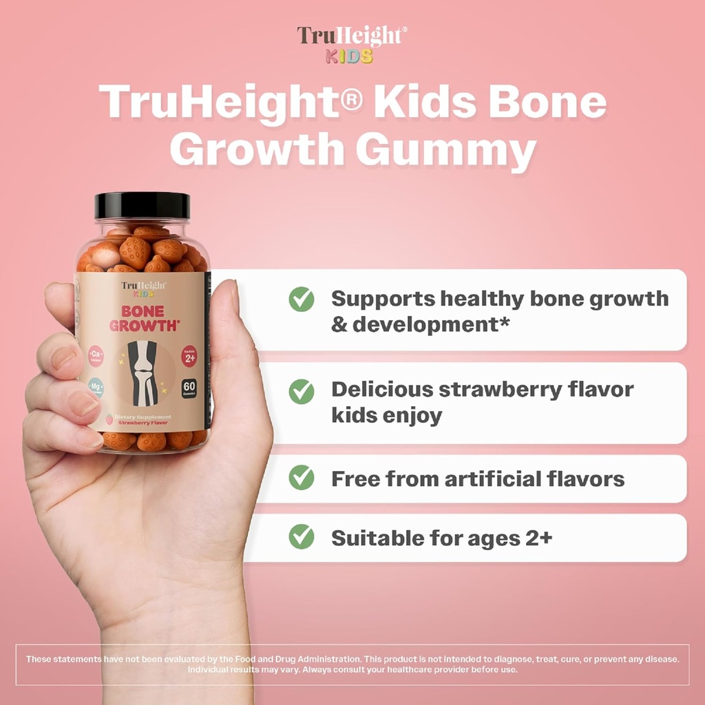 TruHeight Kids Bone Growth Gummies (Strawberry, Ages 2+) All Natural Kids & Toddler Vitamins - Vitamin D, Calcium, K2, Magnesium Multivitamin - Natural Growth & Development, Builds Strong Bones, Vegan 3