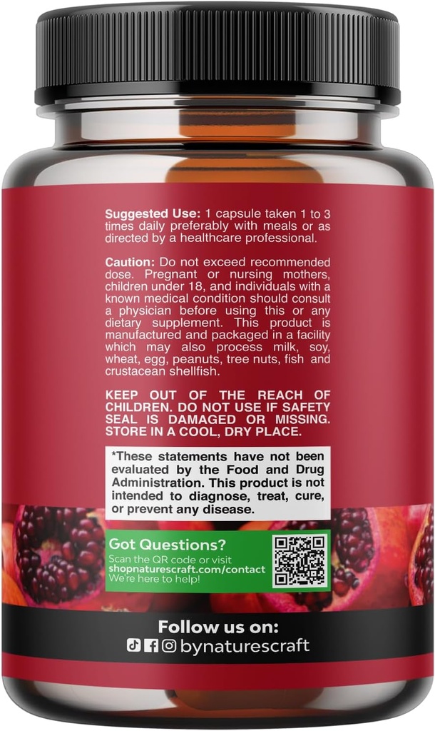Pomegranate Extract Capsules Antioxidant Supplement - Natural Pomegranate Capsules for Heart Health Joint Support and Pre Workout for Men and Women - Nitric Oxide Supplement with Brain Health Vitamins 3