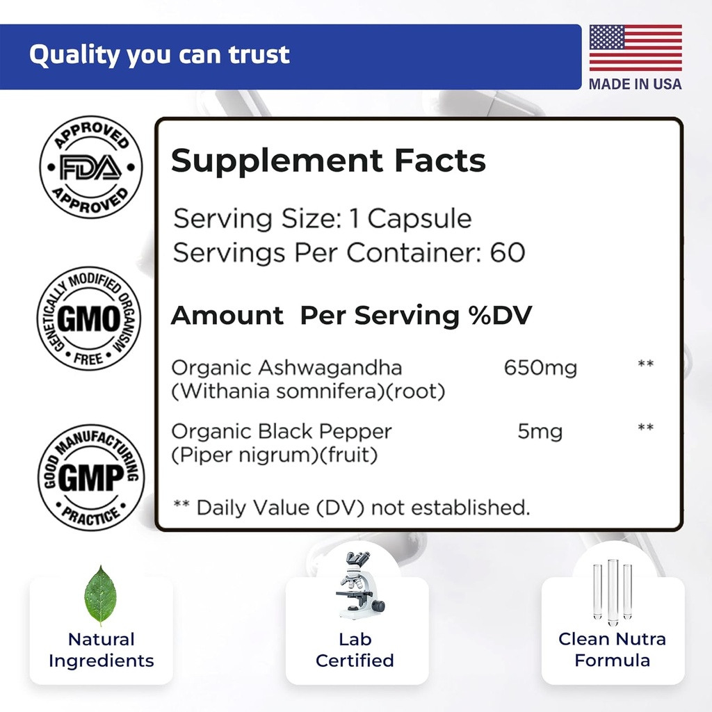 TIVA Ashwagandha Capsules 650mg with Black Pepper Extract – Natural Support for Stress, Metabolism, Immune Function & Mood – Vegan, Non-GMO, Lab-Tested – 60 Herbal Capsules 3