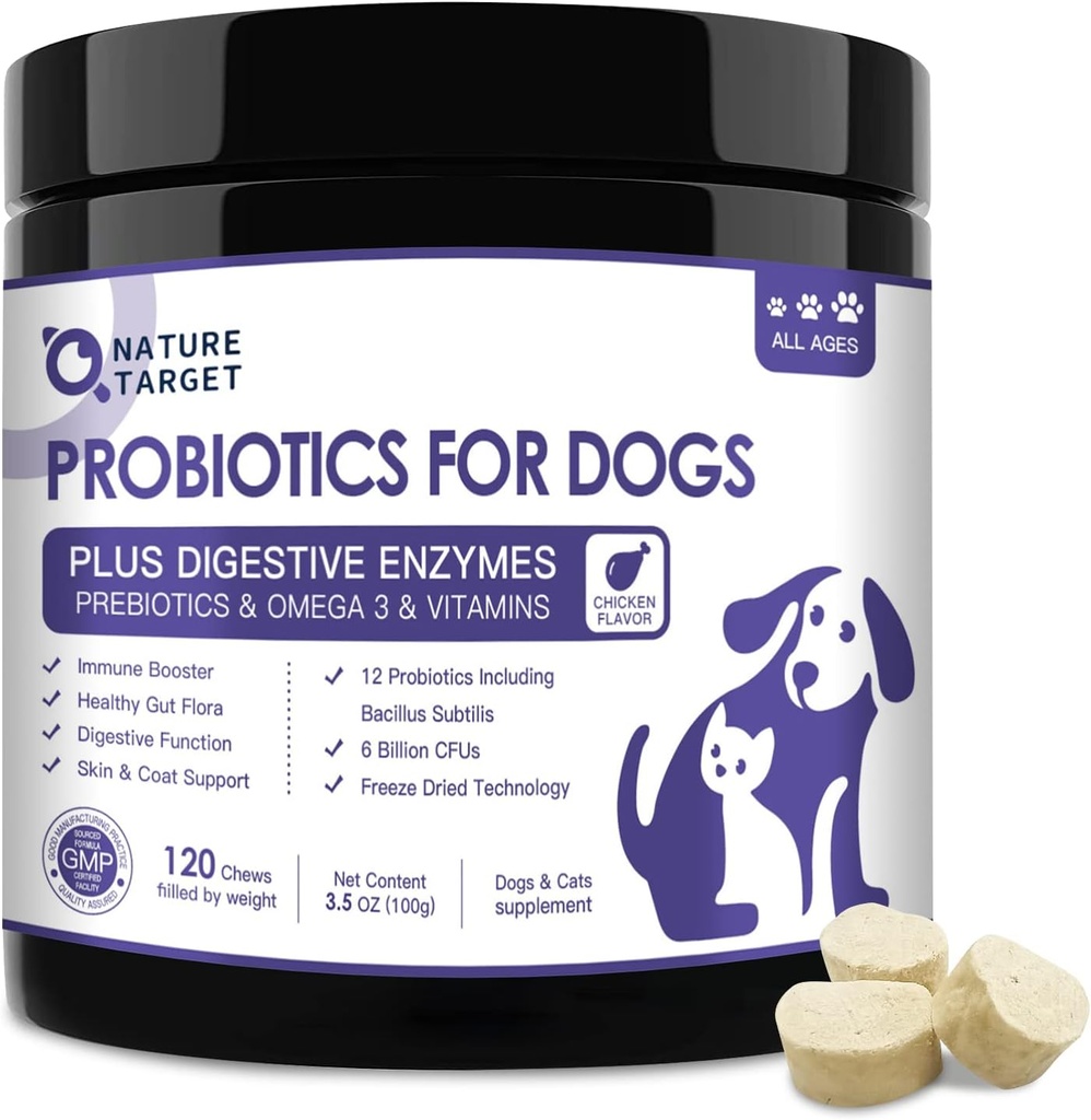 NATURE TARGET Probiotics for Dogs, 6 Billion Freeze Dried Dog Probiotics with Prebiotics & Enzymes, Vitamins, Omega 3, for Digestive & Gut Health, Itch Relief, Reduce Diarrhea, 120 Bites 2