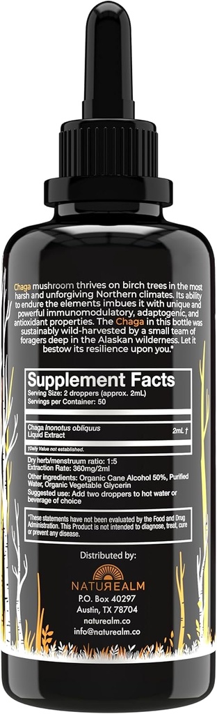 Naturealm Chaga Mushroom Liquid Tincture Supplement – Immune Support, Antioxidant Boost & Hair, Skin, Nail Health, Vegan, Non-GMO – Wild-Harvested Fruiting Bodies, 1 Month Supply 3