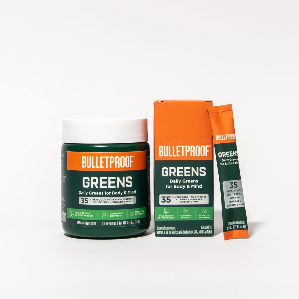 Bulletproof Greens, 8.4 Ounces, Daily Greens Powder for Daily Wellness, 35 Superfoods, and 15 Count Greens Packets Bundle 2