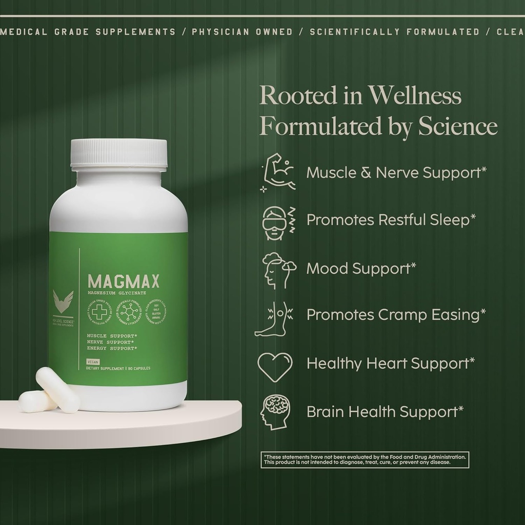 High Level Magmax Magnesium Glycinate Supplement for Adults, Supports Bone Health, Sleep, Heart, Muscle Function & Cramps, Gluten Free, Vegan, 275 mg, 90 Capsules 5