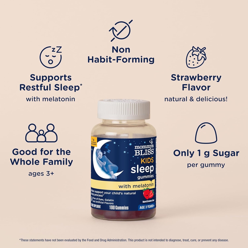 Mommy's Bliss Kids Sleep Melatonin Gummies, Non Habit-Forming with No Artificial Colors, Flavors or Gelatin - Age 3 Years+ - Strawberry Flavor - 100 Sleep Gummies 4