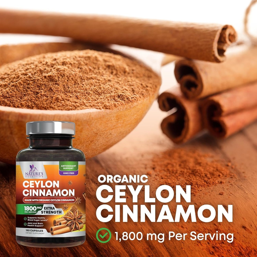 Organic Ceylon Cinnamon Supplement 1800mg - Certified Organic Ceylon Cinnamon Powder Pills - Energy & Heart Support for Women & Men, Bottled in USA, Antioxidant, Gluten Free, Non-GMO - 180 Capsules 4