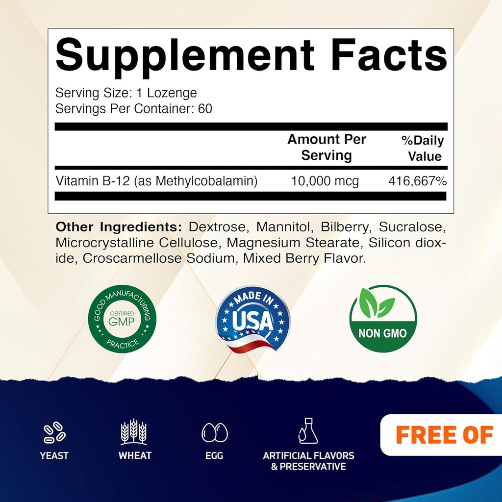 Vitamatic Methyl B12 (Methylcobalamin) 10,000 mcg – 60 Lozenges – Superior Source of Vitamin B12 for Energy & Nerve Health 3