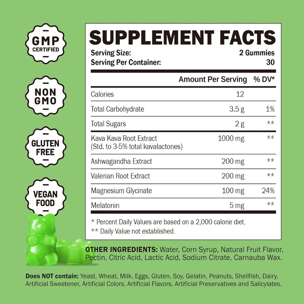 Kava Kava Gummies 1000mg Per Serving, Sleep Support, Natural Lemon Flavor, 60 Vegan Gummies, Stress Relief & Relaxation Supplement 4