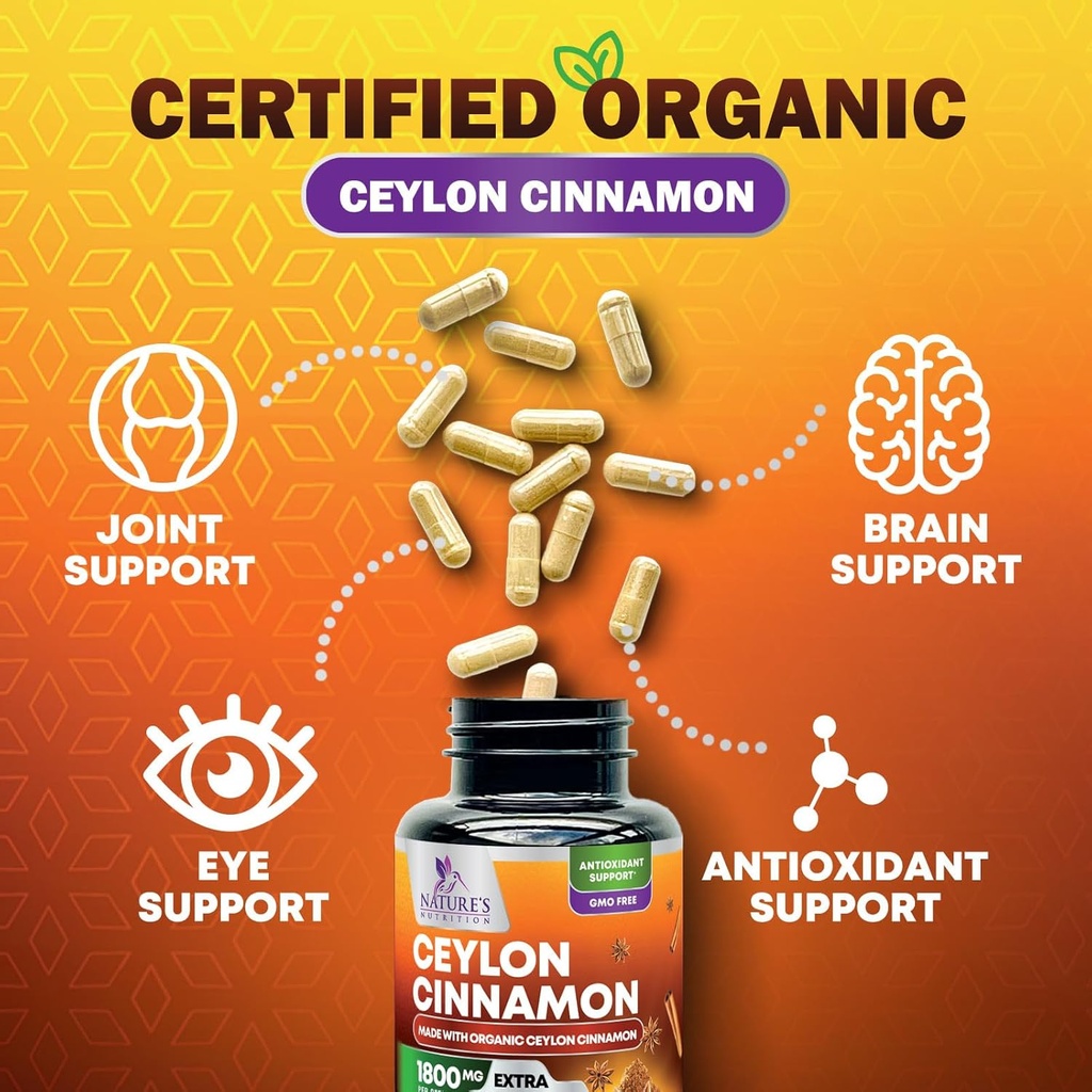 Organic Ceylon Cinnamon Supplement 1800mg - Certified Organic Ceylon Cinnamon Powder Pills - Energy & Heart Support for Women & Men, Bottled in USA, Antioxidant, Gluten Free, Non-GMO - 180 Capsules 6
