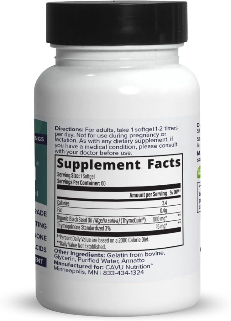 Organic Cold-Pressed Black Seed Oil Capsules for Skin, Joint, Metabolic & Immune Health | USP-Grade Pure Nigella Sativa with 3% Thymoquinone | Non-GMO Black Cumin Seed Oil, 60 Softgel 3