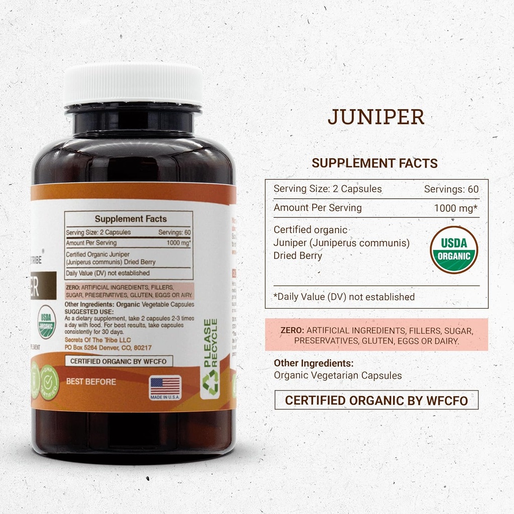 Secrets of the Tribe Juniper 120 Capsules, 1000 mg, USDA Organic Juniper (Juniperus communis) Dried Berry (120 Capsules) 5