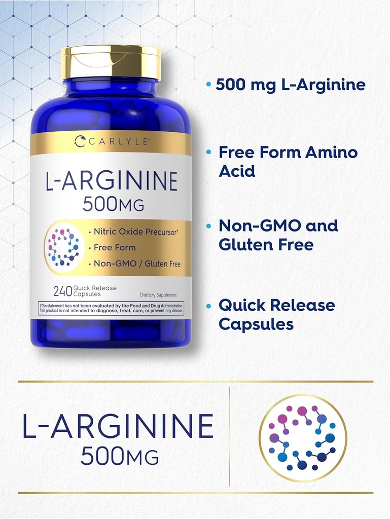 Carlyle L-Arginine 500mg Capsules | 240 Count | Free Form | Non-GMO & Gluten Free Supplement 5