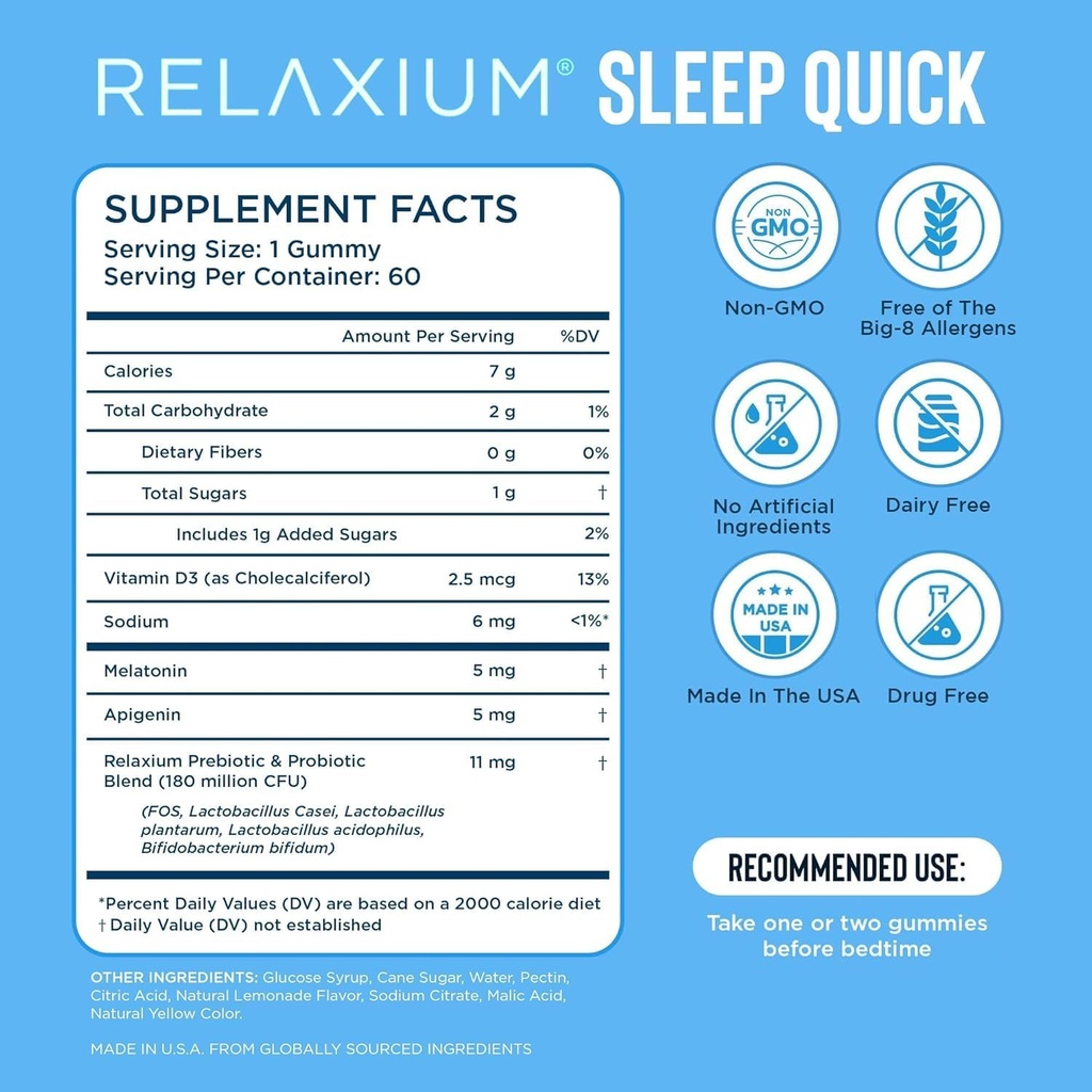Relaxium Sleep Quick Gummy, Sleep Aid Support, 5 mg Melatonin, Vitamin D-3, Prebiotic & Probiotic Blend, Gluten & Drug Free, Lemon Flavor, 60 Gummies 3