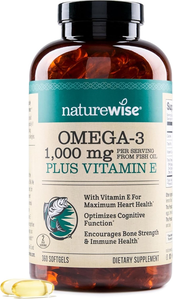 NatureWise Extra-Strength Omega 3 Fish Oil Supplement - 1000mg per Serving - 600 EPA & 400 DHA and Vitamin E - Support for Heart & Brain Health - Lemon Flavor, GMO-Free - 360 Softgels[6-Month Supply] 2