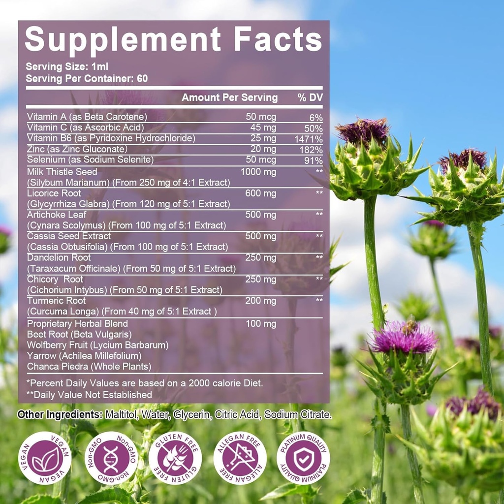 Milk Thistle Liver Cleanse Detox & Repair Supplement Liver Support Liquid Drops with Dandelion Extract, Artichoke 3