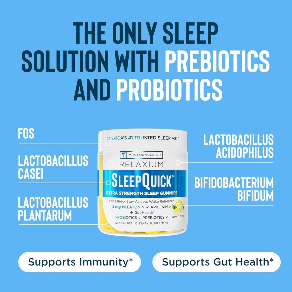 Relaxium Sleep Quick Gummy, Sleep Aid Support, 5 mg Melatonin, Vitamin D-3, Prebiotic & Probiotic Blend, Gluten & Drug Free, Lemon Flavor, 60 Gummies 5