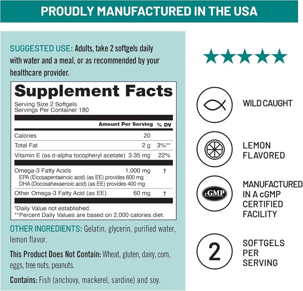 NatureWise Extra-Strength Omega 3 Fish Oil Supplement - 1000mg per Serving - 600 EPA & 400 DHA and Vitamin E - Support for Heart & Brain Health - Lemon Flavor, GMO-Free - 360 Softgels[6-Month Supply] 5