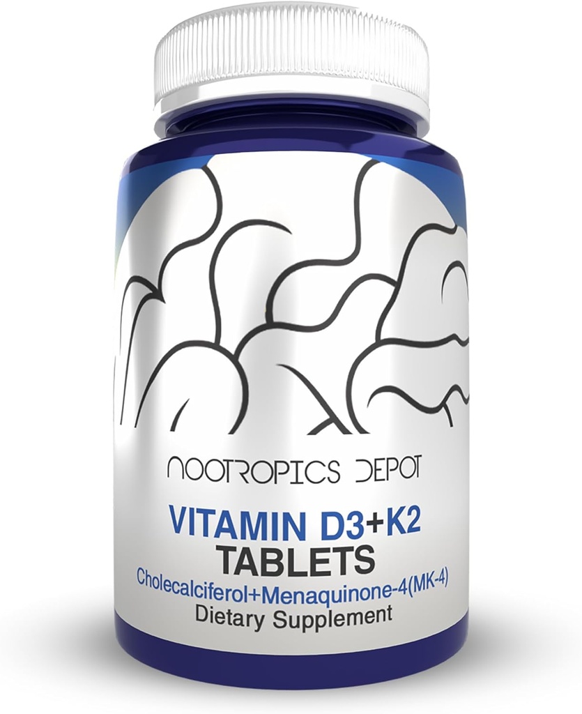 Nootropics Depot Vitamin D3 + K2 with Vitamin C Tablets | 60 Count | Cholecalciferol + Menaquinone-4 (MK-4) | Mood, & Bone Health | Healthy Calcium Absorption 2