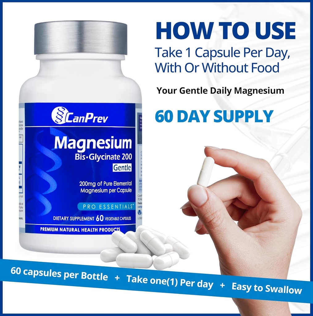 CanPrev Magnesium BisGlycinate 200mg Gentle 60 Veg Caps, 60-Day Supply, Chelated Magnesium Supplement for Bone & Muscle Support, Easy to Digest, Promote Relaxation & Comfort, Vegan, Non-GMO, No Sugar 6