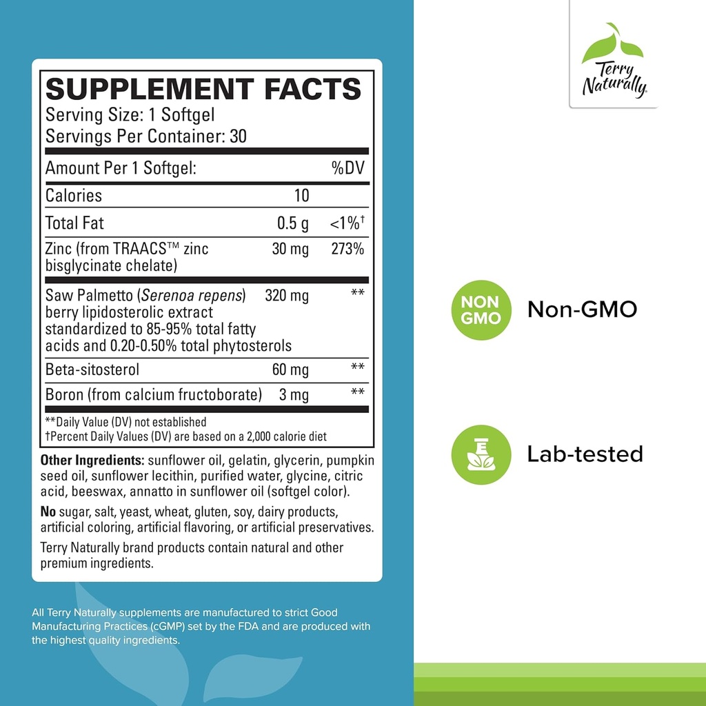 Terry Naturally Healthy Prostate - Dietary Supplement with Boron, Saw Palmetto & Zinc - Prostate & Urinary Tract Health Support - Non-GMO & Gluten-Free Softgels - 30 Softgels 3