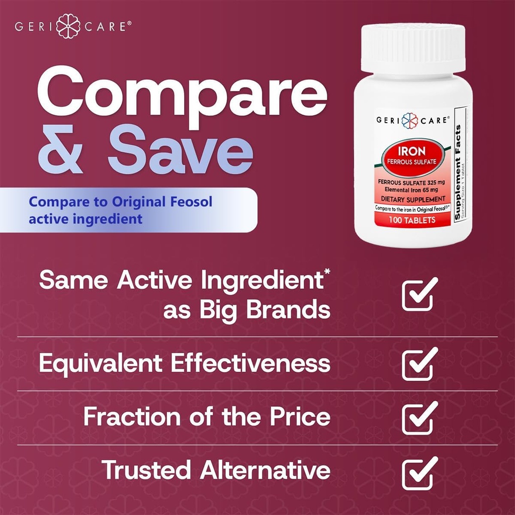 GeriCare Ferrous Sulfate Tablets 325mg, Elemental Iron 65 mg High Potency Iron Supplement | Dietary Supplement 100 Count. (Pack of 2) 3