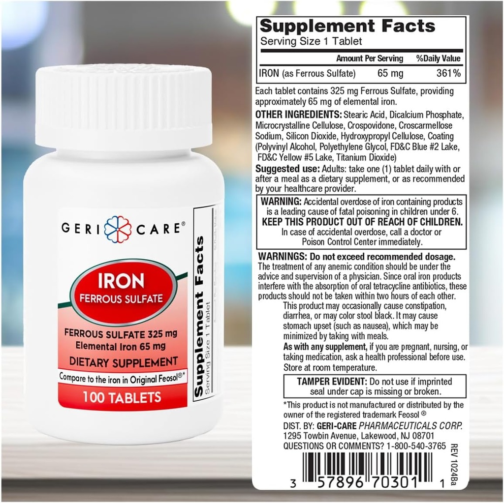 GeriCare Ferrous Sulfate Tablets 325mg, Elemental Iron 65 mg High Potency Iron Supplement | Dietary Supplement 100 Count. (Pack of 2) 4
