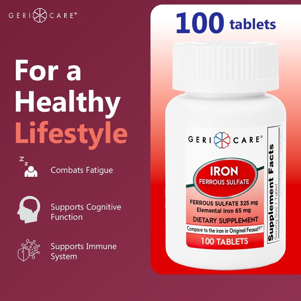 GeriCare Ferrous Sulfate Tablets 325mg, Elemental Iron 65 mg High Potency Iron Supplement | Dietary Supplement 100 Count. (Pack of 2) 5