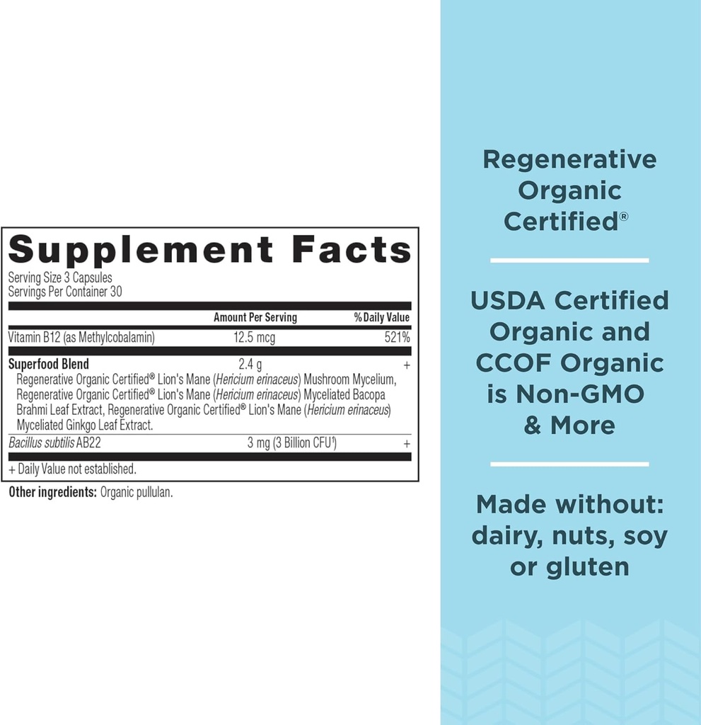 Ancient Nutrition Regenerative Organic Certified Focused Brain Capsules, Made with Ginkgo Leaf, Lion's Mane to Help Reduce Stress, Gluten Free, Paleo and Keto Friendly, 90 Count 3