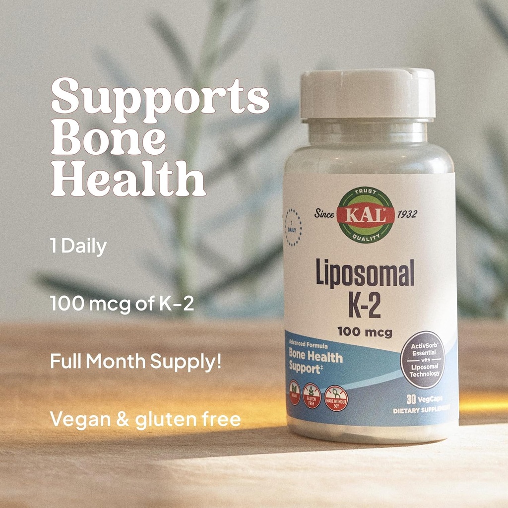 KAL Liposomal Vitamin K2 Supplement with MK7 100 mcg - High Absorption, Liposomal Technology - Advanced Bone Support - Vegan, Gluten Free, Made Without Soy, 30 Servings, 30 VegCaps 5