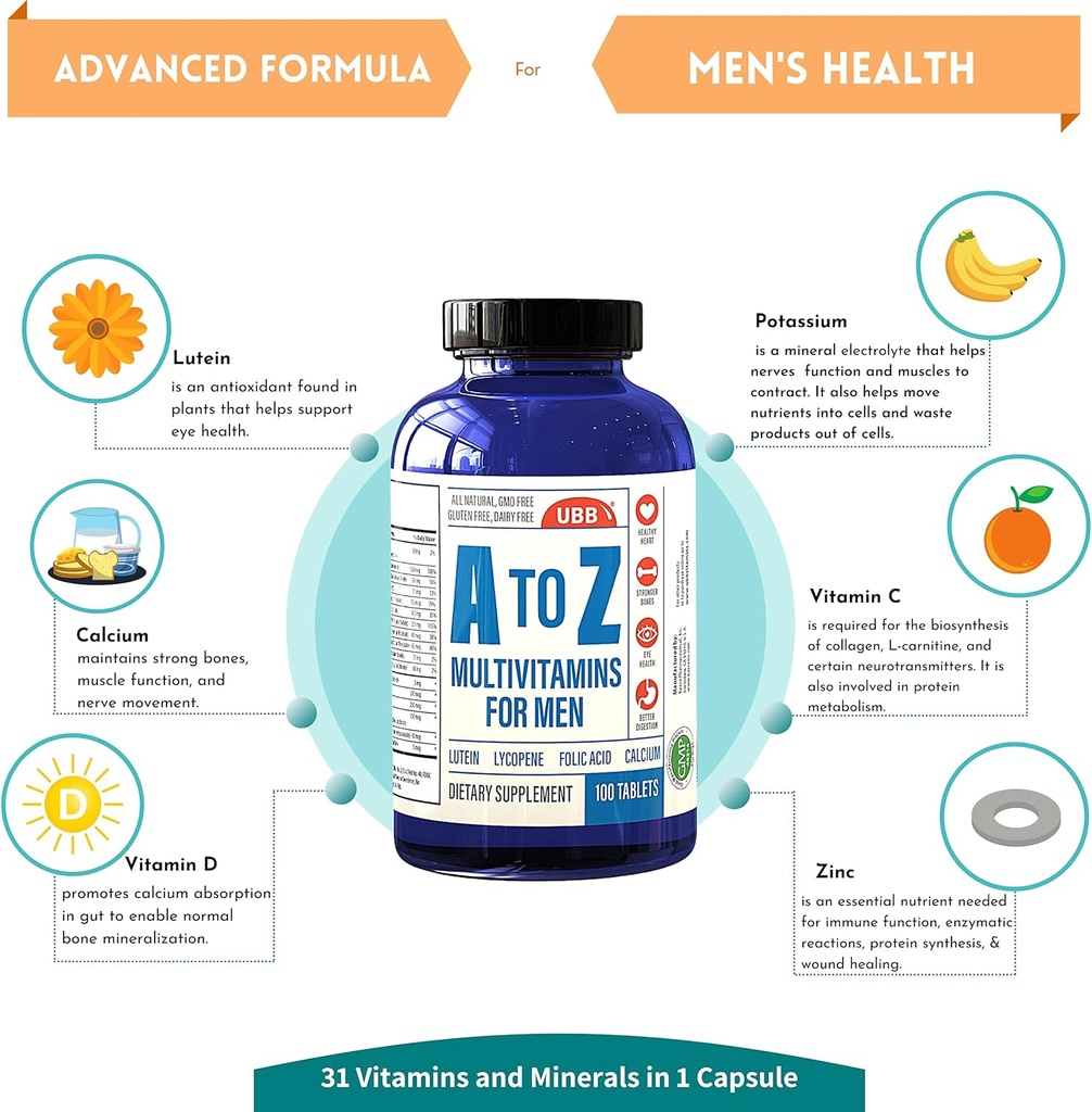 A to Z Multivitamin and Multimineral Supplement for Men - 3 Month Supply - Vitamins A C D E K B1 B2 B6 B12 Magnesium Calcium Biotin Potassium Zinc - Antioxidants for Heart & Immune Health (100 Count) 3