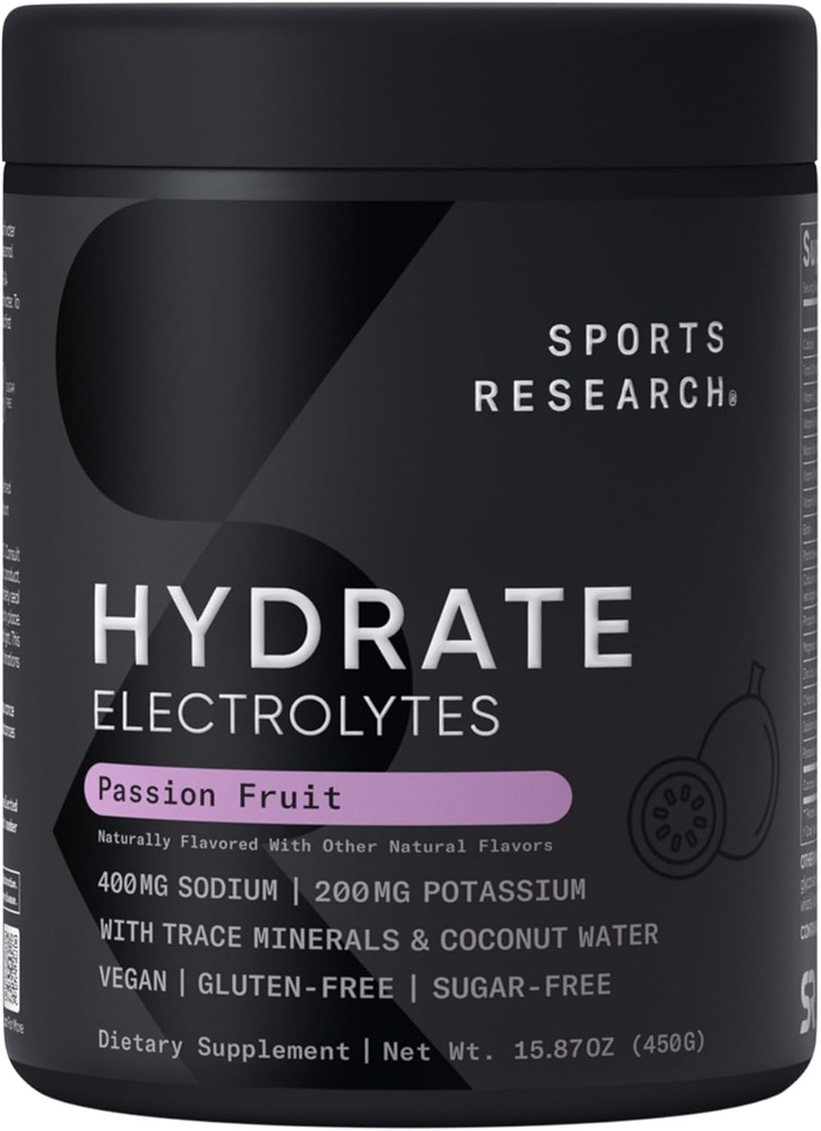 Sports Research® Hydrate Electrolytes Powder - Sugar-Free & Naturally Flavored with Vitamins, Minerals, and Coconut Water - Supports Hydration - Passion Fruit - 90 Servings 2