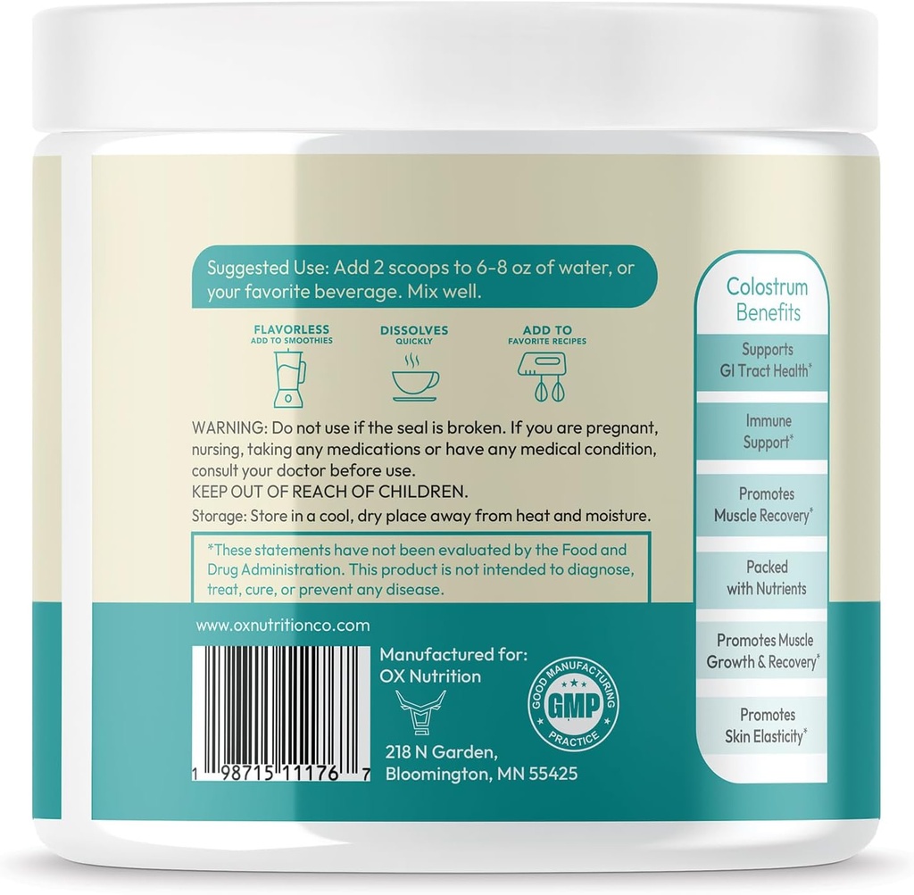 OXNUTRITION Colostrum Powder for Gut Health, Immune Support, Muscle Recovery, Hair & Beauty | Pure Gress Fed Bovine Colostrum for Humans, Natural IgG, Unflavored, 60 Servings 6