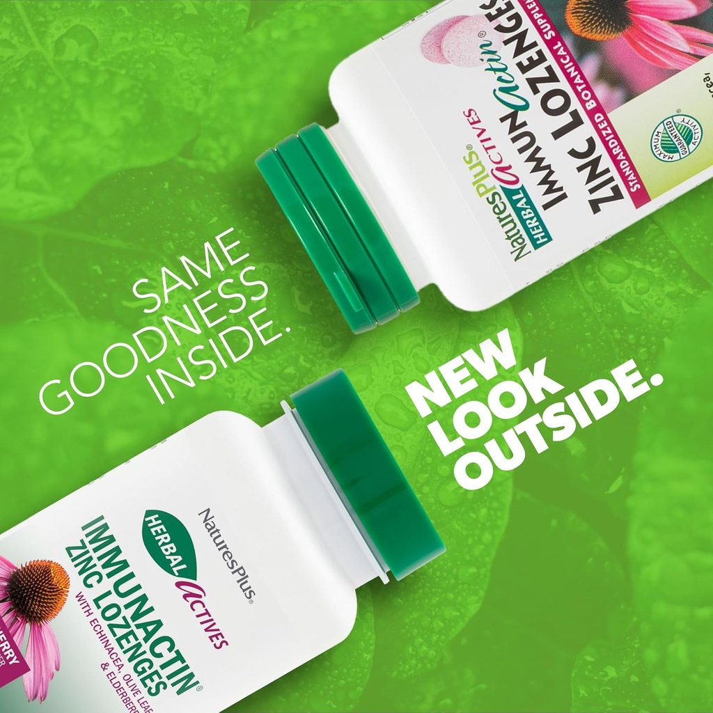 NaturesPlus Herbal Actives ImmunActin - 60 Zinc Lozenges, Pack of 2 - Wild Cherry Flavor - Supports Immune Health - with Echinacea, Elderberry & Olive Leaf - Gluten Free - 120 Total Servings 3