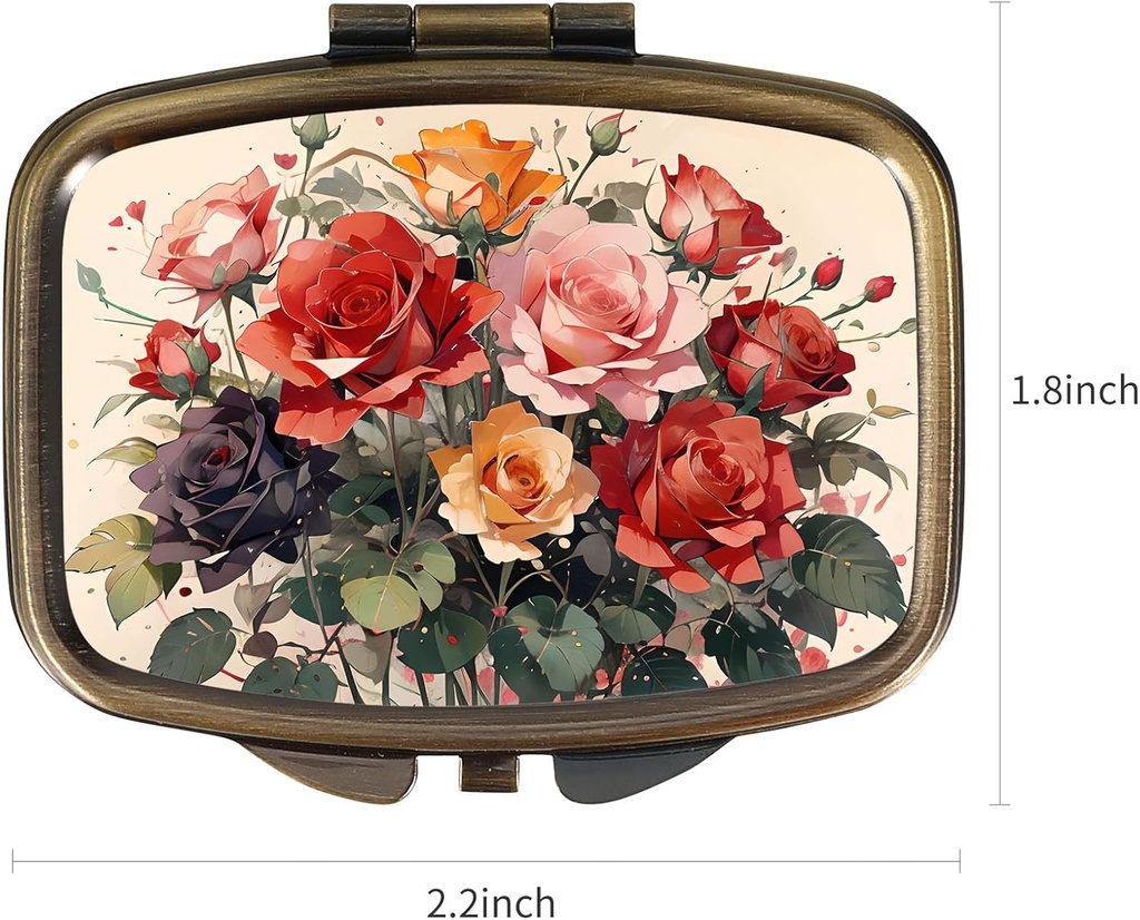 Dynippy Pill Case Pill Box with Mirror Retro Pocket 2 Compartment Medicine Case Vitamin Pill Organizer for Pocket Purse and Travel (Cute Flower) 4