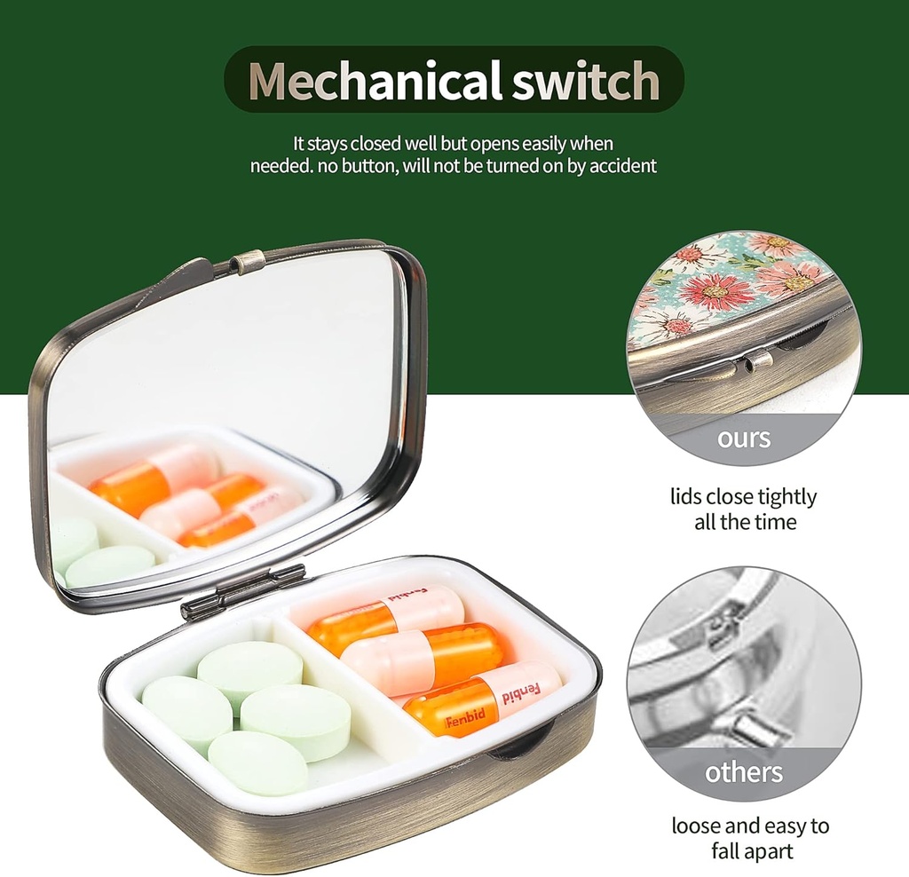 Dynippy Pill Case Pill Box with Mirror Retro Pocket 2 Compartment Medicine Case Vitamin Pill Organizer for Pocket Purse and Travel (Cute Flower) 5