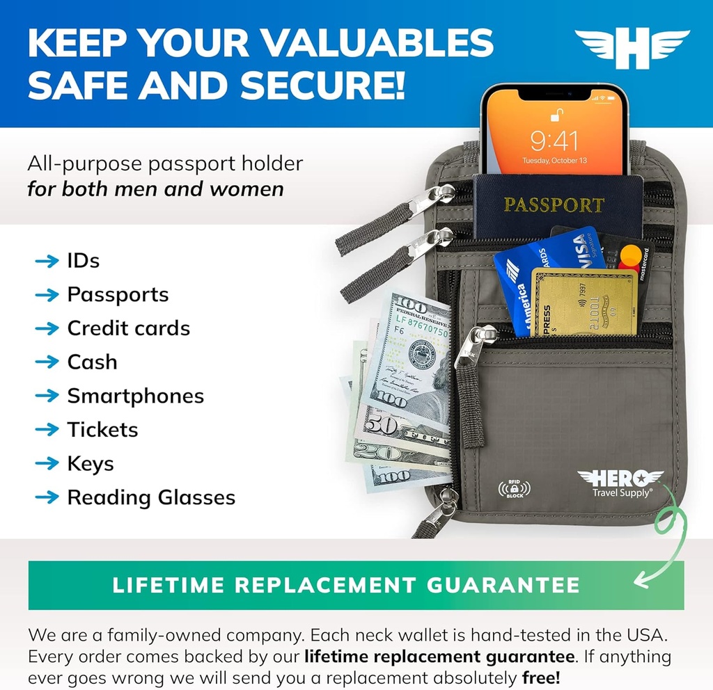 HERO Neck Wallet, RFID Blocking Passport Holder, Easy to Conceal Travel Pouch 3