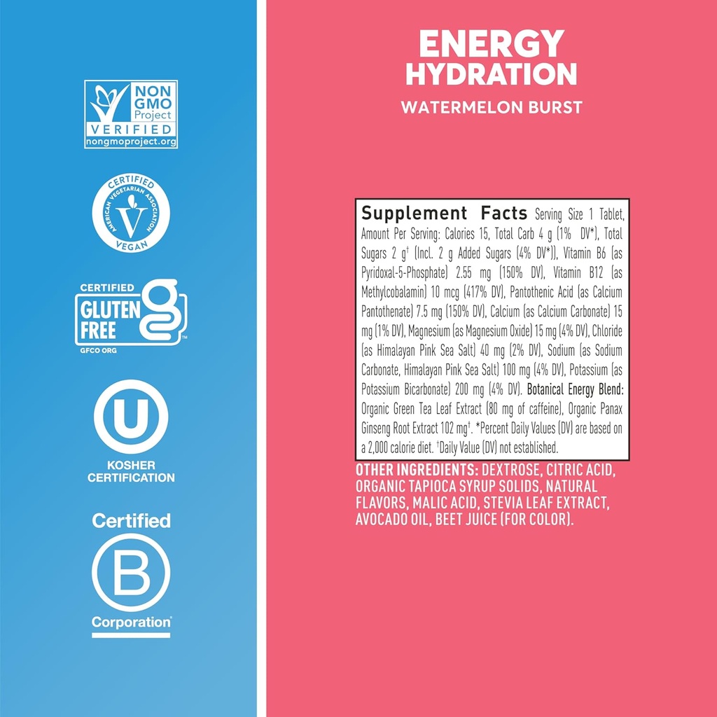 Nuun Energy Electrolyte Tablets with Ginseng, Caffeine from Green Tea Extract, Vitamin B12, B6, B5, Magnesium & 4 Other Electrolytes, Gluten Free & Vegan, Watermelon Burst, 8 Pack (80 Servings Total) 6