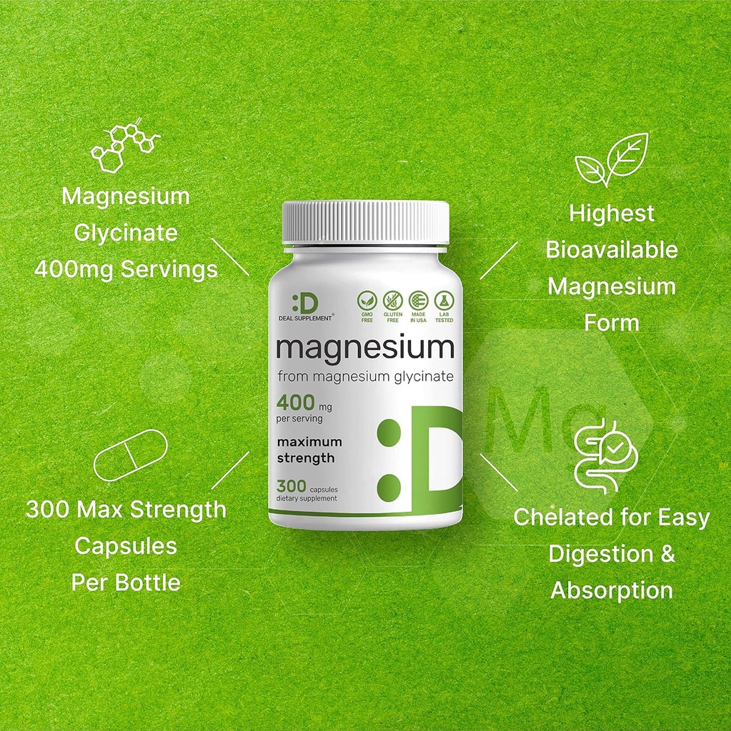 Magnesium Glycinate 400mg, 300 Capsules | 100% Chelated for Easy Absorption | Essential Mineral Supplement for Muscle, Sleep, & Heart Health 5