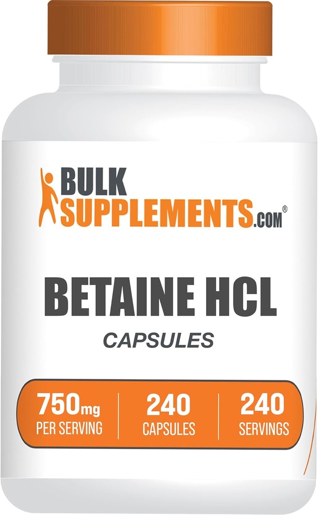 BulkSupplements.com Betaine HCl Capsules - Betaine Hydrochloride Supplement for Digestive Support, Betaine HCl 750mg - Gluten Free, 1 Capsule per Serving, 240 Capsules (Pack of 1) 2