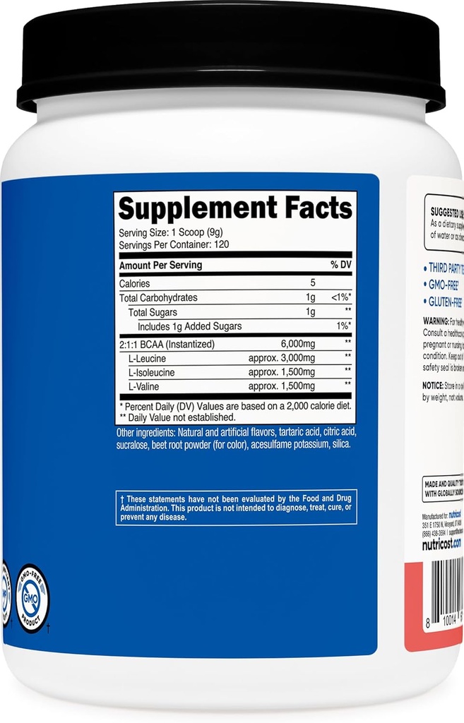 Nutricost BCAA Powder 2:1:1 (Watermelon, 120 Servings) - Gluten Free, Non-GMO, Vegetarian 6