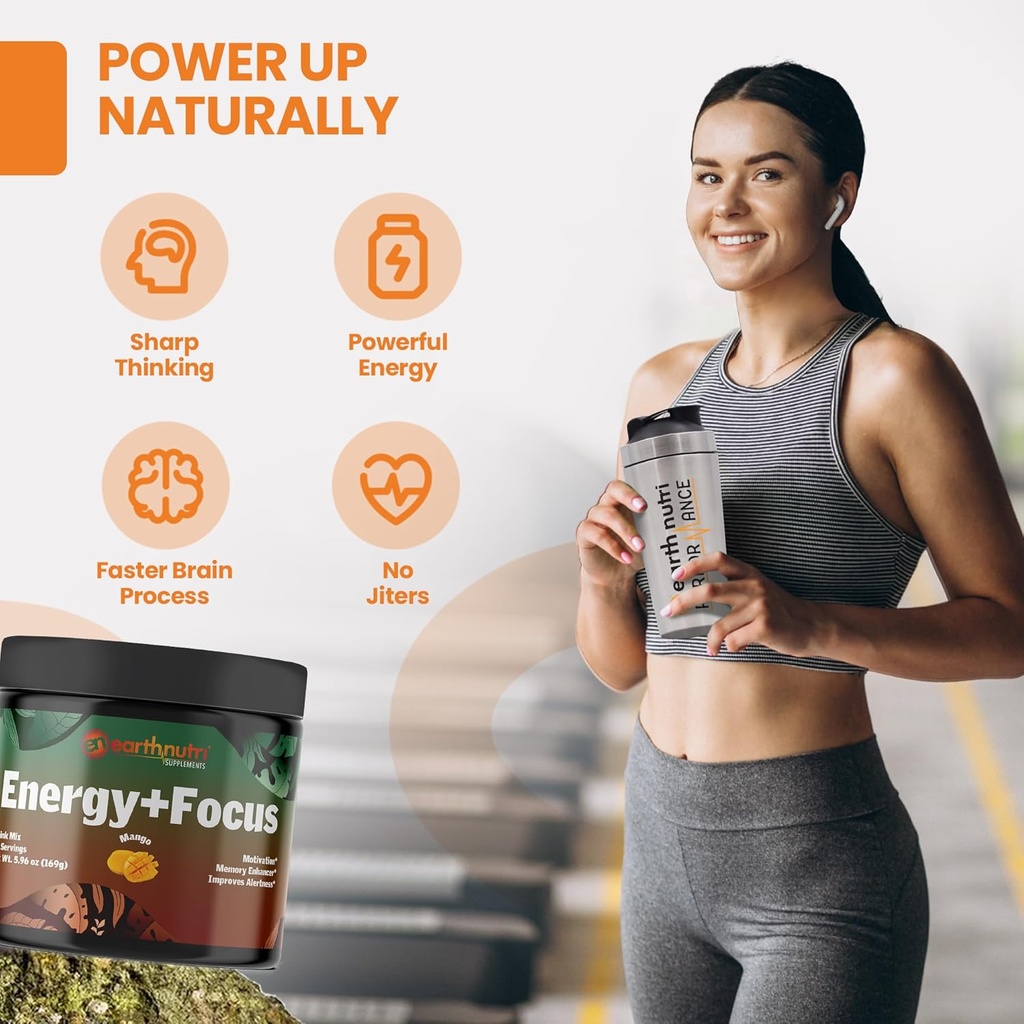 EarthNutri Energy + Focus Powder Supplement - Energy Boost & Helps Concentration with PeakO2, AlphaSize, Cognizin, PurCaf, Theacrine, Acetyl L-Carnitine L-Tyrosine – Mango Flavor - 20 Servings (171g) 3