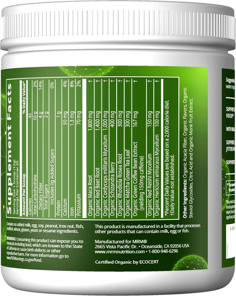 MRM Nutrition Organic Pre-Workout Powder | Island Fusion Flavored | Superfoods + 150mg Natural Caffeine + adaptogens | Clean Energy + Focus| Healthy Blood Flow | Vegan + Non-GMO | 20 Servings 3