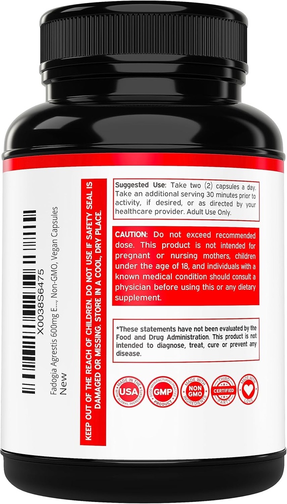 Fadogia Agrestis 600mg Extract - (180 Capsules) - [Maximum Strength] - Strength, Drive, Athletic Performance, Muscle Mass - Third Party Tested - Zero Fillers - Gluten Free, Non-GMO, Vegan Capsules 4
