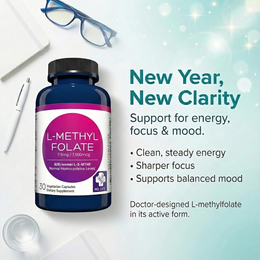 MD Life L-Methylfolate 7.5 mg Supplement - Professional-Grade Active L Methylfolate Supplement - 90 Capsules - L-Methylfolate 7.5mg - Maximum Potency MTHFR W/ Essential Amino Acids 3