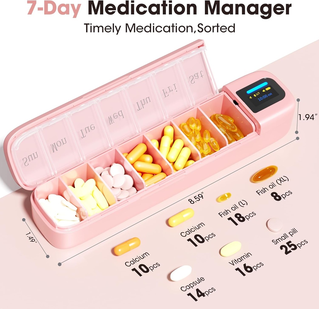 Daviky Automatic Pill Dispenser, Smart Pill Organizer with Alarm, Pill Box 7 Day with APP, Weekly Travel Pill Case, Portable Pill Reminder for Medicines, Supplements and Vitamins (Pink) 3