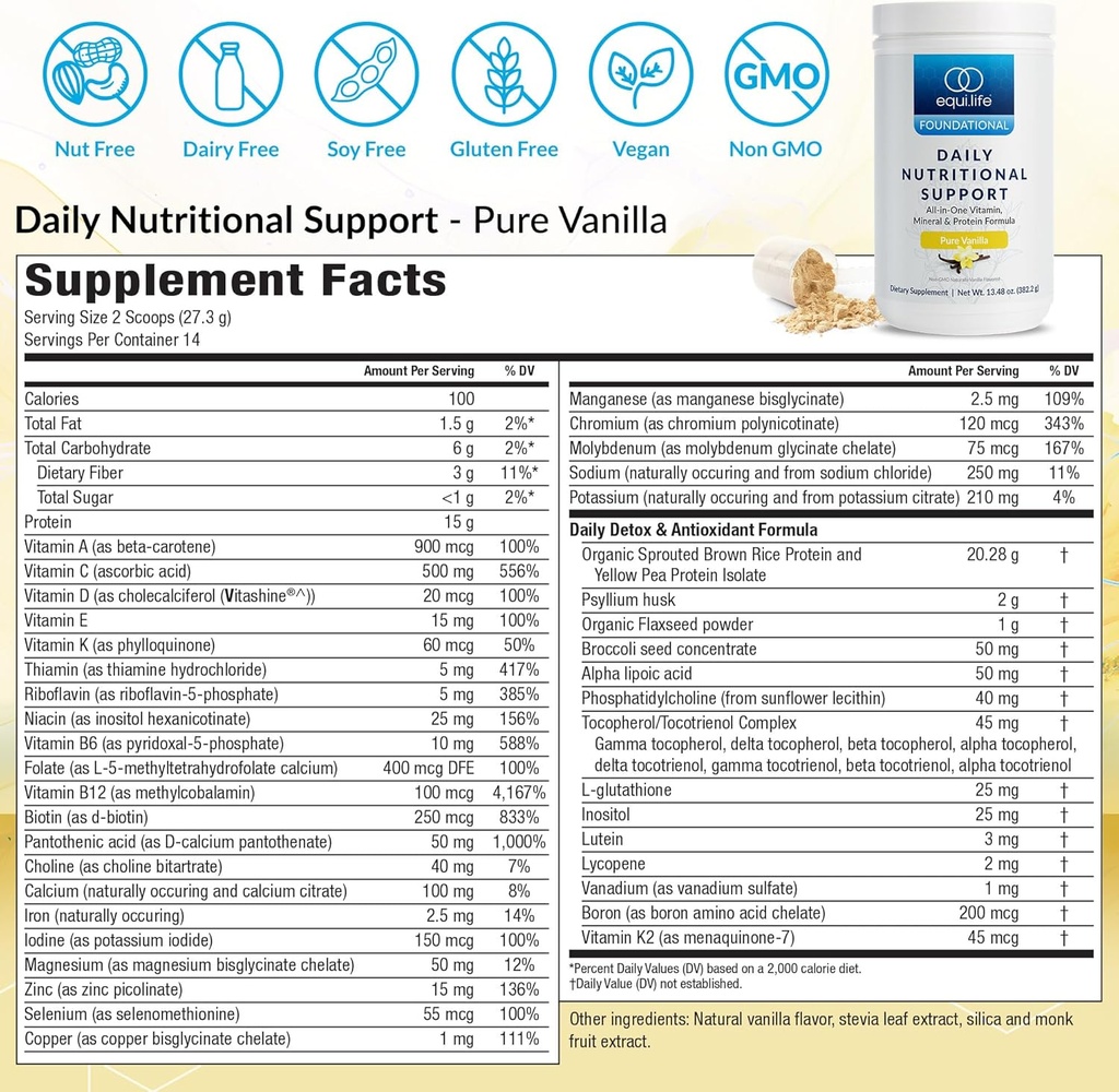 Equilife Daily Nutritional Support, All-in-One Multivitamin Meal Replacement, Pure Vanilla Flavor, 15G Plant Protein, Supports Overall Wellness Including Energy, Digestion, & Skin, 14 Servings Tub 3