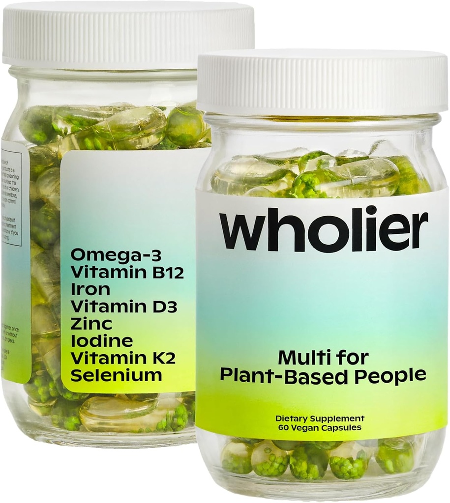 wholier Plant Based Multivitamin Vegan Omega-3 DHA EPA, Vitamin D, B12, Zinc, Vitamin K2, Iron, Iodine, Selenium. 60 Count (30-Day Supply) Glass Bottle 2